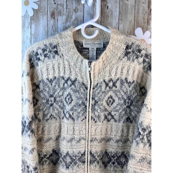 Jones‎ New York Womens Cardigan Sz L Petite Ivory Gray Hand Knit Wool Blended - Picture 3 of 11